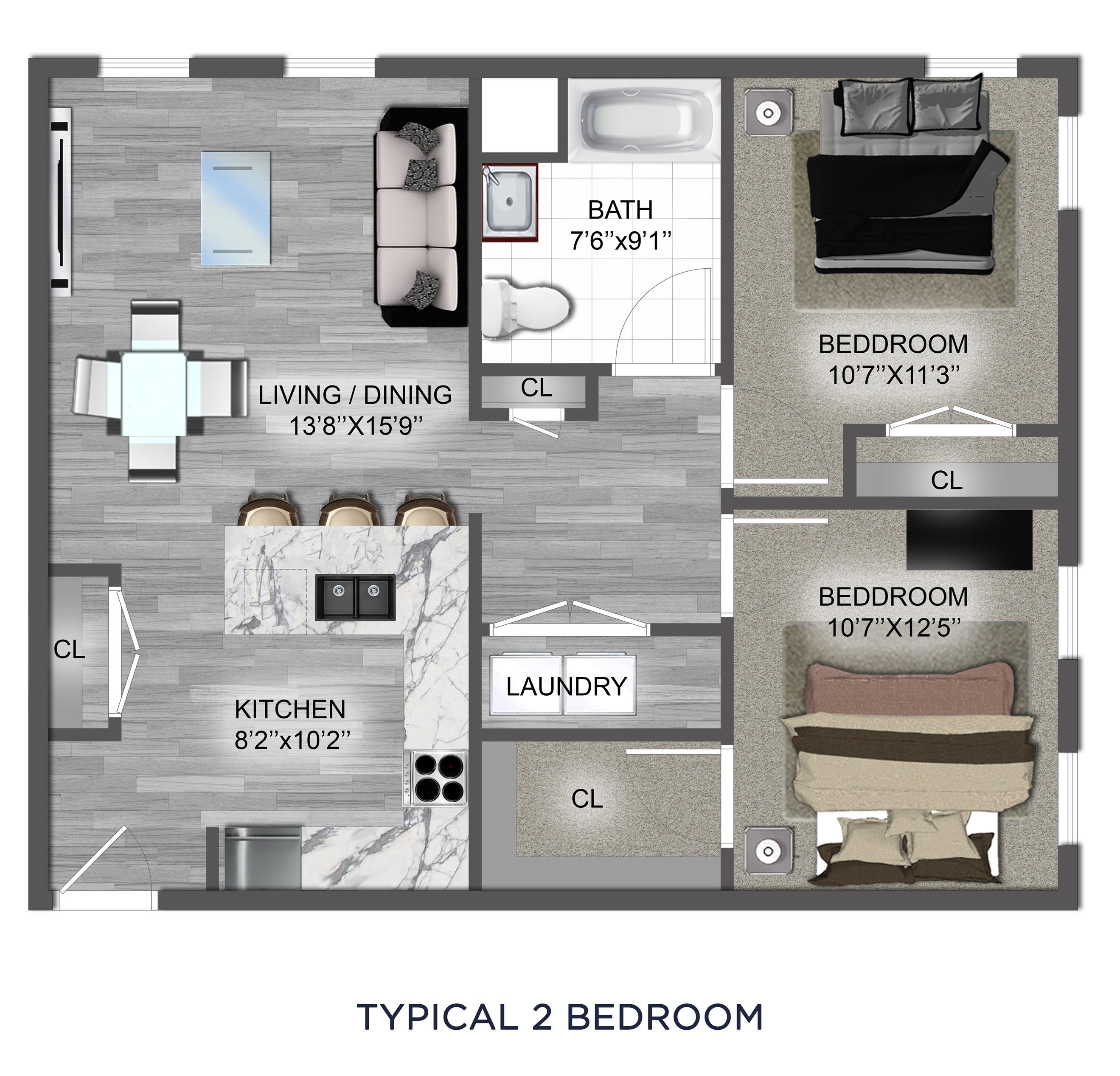Floor plan for 2 beds, 1 bath